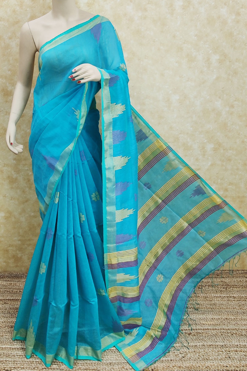 Blue colour Khadi Cotton Bengoal Handloom Soft Cotton Saree (With Blouse) MC251813